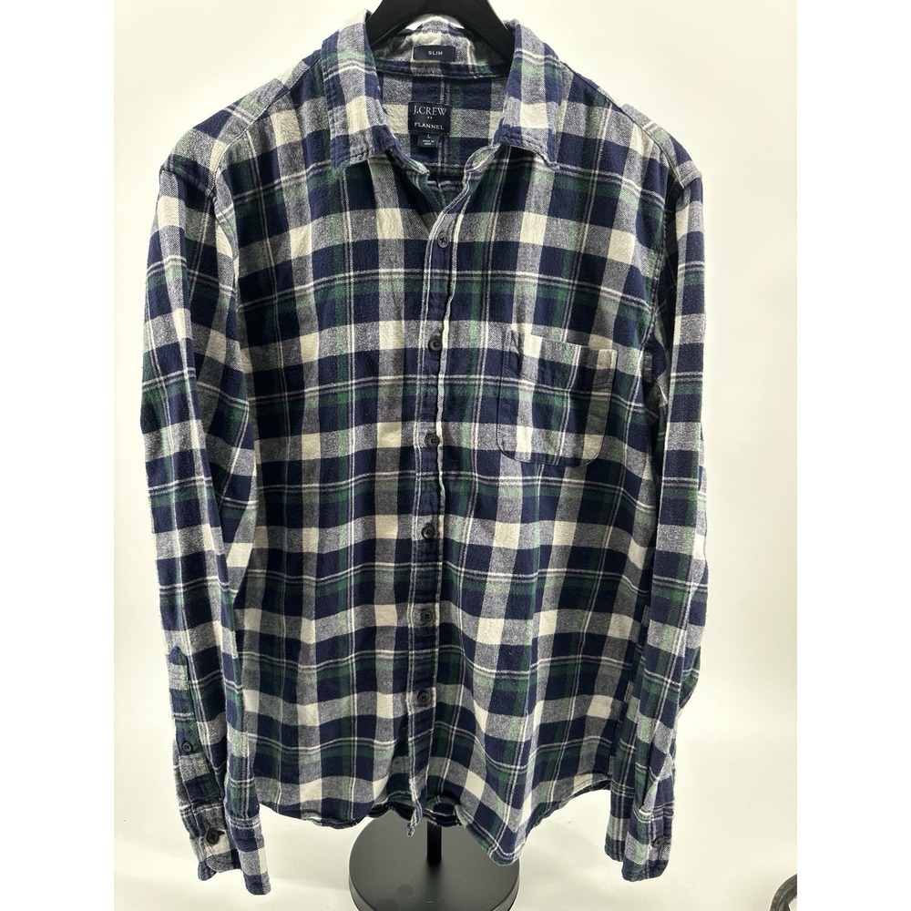 J Crew Men's L Slim White Blue Green Plaid Flannel Long Sleeve Button Up Shirt